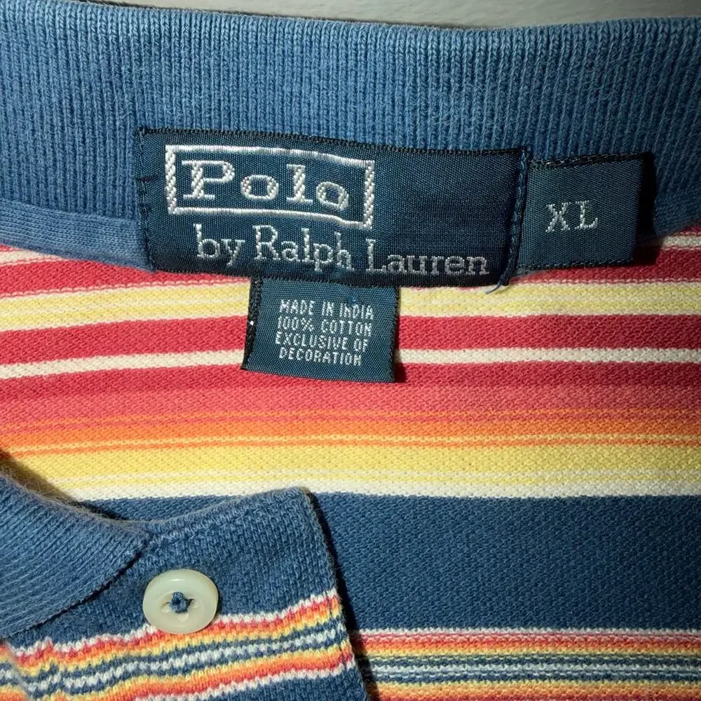 Polo Ralph Lauren Mens Size XL Blue Yellow Orange Stripe Short Sleeve Polo Shirt